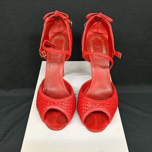 Christian Dior Soft Lady Dior Red Leather Woven Peep Toe Heels Shoes 37.5 7.5
